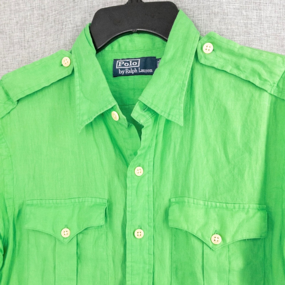 Polo Ralph Lauren Men's Large 100% Linen Green Safari Shirt Epaulets Vintage
